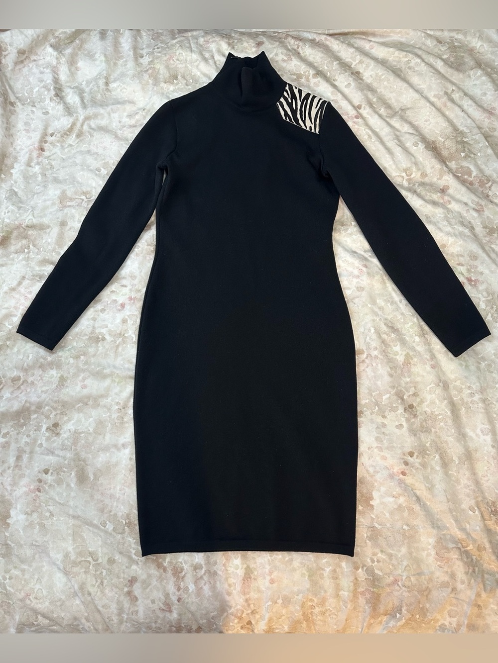 Blumarine Black Long-Sleeve Turtleneck Dress with Zebra Shoulder Accent